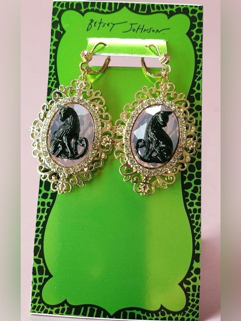 Betsey Johnson Gold Filigree Black Cat Earrings with Pink Crystals